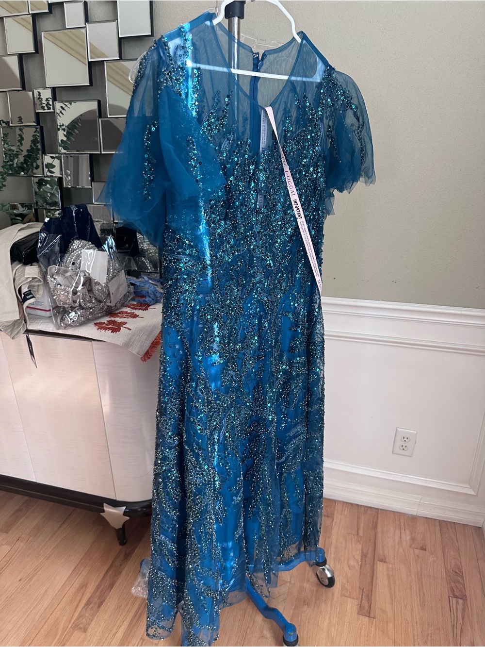 Mac Duggal Teal Blue Sequined Tulle Evening Gown